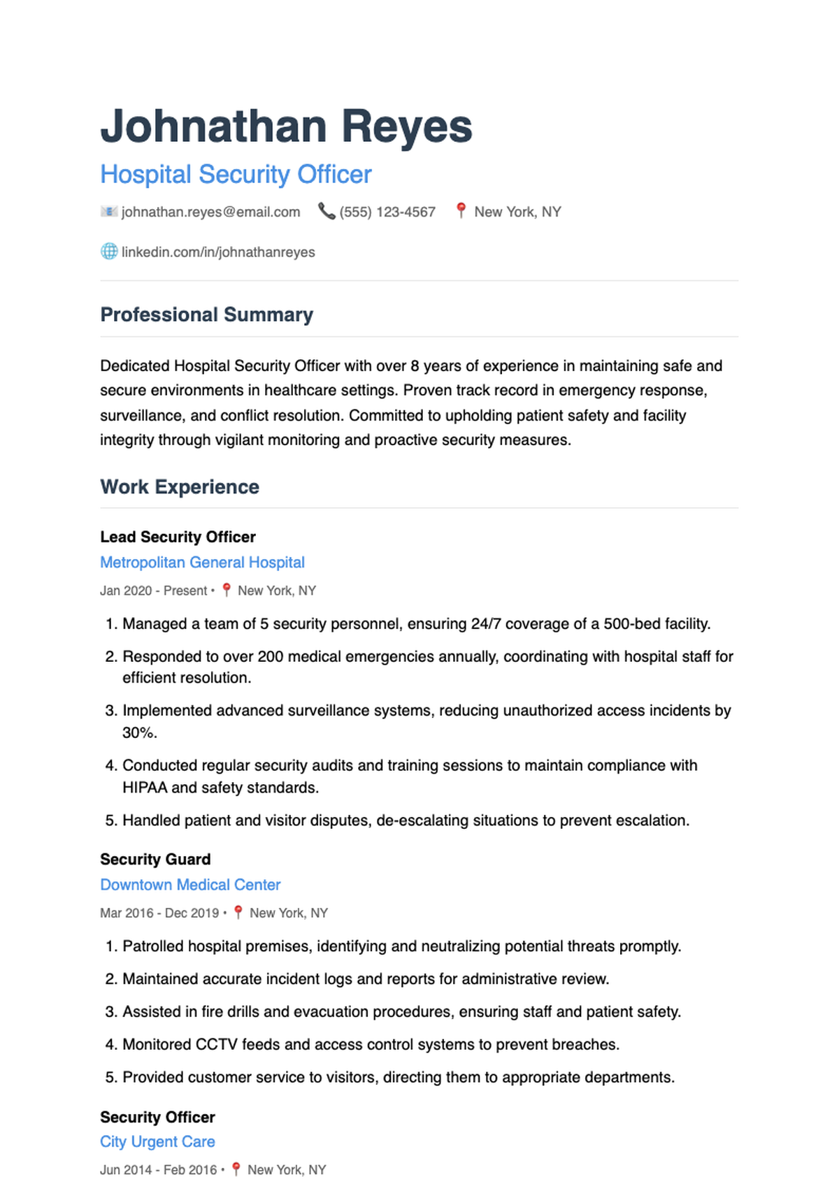 Modern two column hospital security officer resume with skills bar chart and photo_variant_2